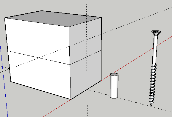 図4: ドリルオブジェクト(円柱)とビスの 初期位置 。ドリルやビスを穴の中心と同一ライン上に並べておくと後が楽になる。