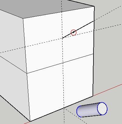 図9: ガイドポイントは赤丸の中。ドリル円柱は選択された状態