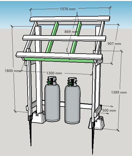 図8: 図では屋根のポリカ波板は割愛しています。波板も含めて屋根材の現行部材はすべて廃棄・新調し、さらに緑の部材を追加します。